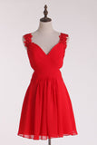 Red Straps Hoco Dresses A-Line Chiffon With Applique & Ruffles