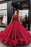 Red Tulle Appliques Ball Gown Round Neck Prom Dress Quinceanera Dresses RJS464