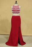 Red Two Pieces Column Scoop Party Dresses Burgundy Chiffon & Tulle With Beads And Pearls Rjerdress