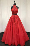 Red Two Pieces Sleeveless High Neck A Line Beaded Appliqued Floor-Length Tulle Prom Dresses Rjerdress