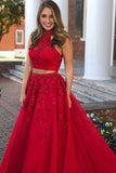 Red Two Pieces Sleeveless High Neck A Line Beaded Appliqued Floor-Length Tulle Prom Dresses