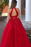 Red Two Pieces Sleeveless High Neck A Line Beaded Appliqued Floor-Length Tulle Prom Dresses Rjerdress