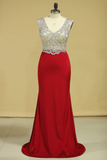Red V Neck Beaded Bodice Open Back Party Dresses Column Spandex Sweep Train Plus Size