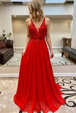 Red V-Neck Open Back A Line Prom Dresses Beaded Bodice Floor Length Rjerdress