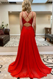 Red V-Neck Open Back A Line Prom Dresses Beaded Bodice Floor Length
