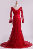 Red V-Neck Party Dresses Mermaid With Applique Lace And Tulle Rjerdress