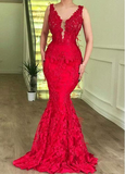 Red V Neck Prom Dresses Mermaid Tulle With Applique & Feather Zipper Up Rjerdress