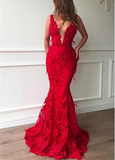 Red V Neck Prom Dresses Mermaid Tulle With Applique & Feather Zipper Up