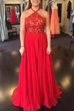 Red chiffon lace top halter A-line long evening dresses formal dresses for prom Rjerdress