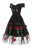 Retro Off the Shoulder V Neck Tulle Black Short Sleeve Cocktail Dress with Red Flowers H1195 Rjerdress