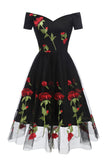 Retro Off the Shoulder V Neck Tulle Black Short Sleeve Cocktail Dress with Red Flowers H1195 Rjerdress