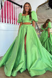 Rjerdress Two Piece Puff Sleeve Tie-Back Long Prom Dress