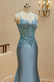 Mermaid Spaghetti Straps Prom Dresses Satin & Lace Sweep Train
