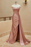 Mermaid Sweetheart Satin Split Prom Dresses with Attached Train
