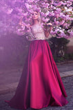 Romantic A-Line Jewel Rose Red Satin Round Neck Prom Dresses with Lace Appliques RJS458