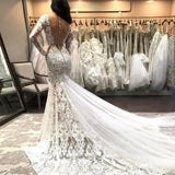 Romantic Appliques Lace Mermaid Ivory Long Sleeve Wedding Dresses With Sweep/Brush Train Rjerdress