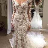 Romantic Appliques Lace Mermaid Ivory Long Sleeve Wedding Dresses With Sweep/Brush Train Rjerdress