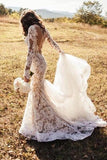 Romantic Appliques Lace Mermaid Ivory Long Sleeve Wedding Dresses With Sweep/Brush Train