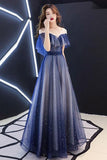 Romantic Scoop Tulle Lace up Prom Dresses Blue Floor Length Evening Dresses with Ruffles Rjerdress