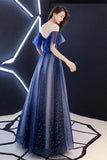 Romantic Scoop Tulle Lace up Prom Dresses Blue Floor Length Evening Dresses with Ruffles Rjerdress