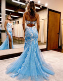 Romantic Spaghetti Straps Mermaid Open Back Slit Prom Dress With Appliques Rjerdress