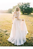 Romantic Two Pieces Lace Top Chiffon Long Sleeves Beach Wedding Dresses Rjerdress