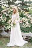 Romantic Two Pieces Lace Top Chiffon Long Sleeves Beach Wedding Dresses Rjerdress