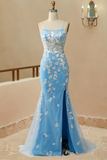 Romantic Spaghetti Straps Mermaid Open Back Slit Prom Dress With Appliques