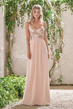 Rose Gold A Line Straps Backless Sequins Chiffon Bridesmaid Dress Vintage Prom Dress Rjerdress