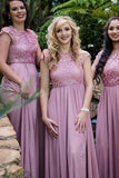 Round Neck A Line Cap Sleeves Chiffon Long Bridesmaid Dress with Lace Rjerdress