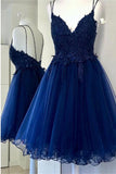 Royal Blue A Line Dual-Strapped  V Neck Short Homecoming Dress with Beads Appliques RJS858