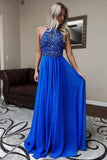 Royal Blue Halter Chiffon Prom Dresses A Line With Beads