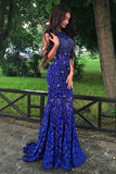 Royal Blue Jewel Sweep Train Lace Backless Mermaid Prom Dresses with Beading
