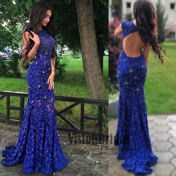 Royal Blue Jewel Sweep Train Lace Backless Mermaid Prom Dresses with Beading Rjerdress