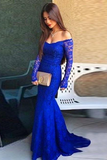 Royal Blue Lace Long Sleeves Sexy Prom Dresses for Teens RJS389