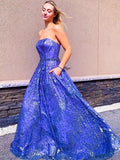 Royal Blue Lace Strapless A-Line Long Prom Dress Rjerdress