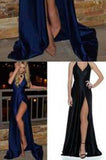 Royal Blue Long Cheap Slit Satin Deep V-Neck Sleeveless Floor-Length Prom Dresses RJS830 Rjerdress