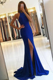 Royal Blue Long Mermaid Open Back Halter Slit Simple Cheap Prom Dresses RJS194