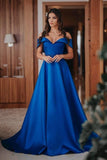 Royal Blue Off The Shoulder Prom Dresses Satin Red Sweep Train Lace Up Back