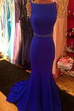 Royal Blue Scoop Mermaid Sleeveless Backless Beads Spandex Prom Dresses RJS618 Rjerdress