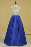 Royal Blue Scoop Open Back Beaded Bodice A Line Party Dresses Satin & Tulle Plus Size Rjerdress