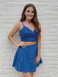 Royal Blue Short Lace Fitted Silver Beading Sparkly Homecoming Dress RJS911