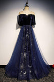 Royal Blue Tulle V Neck Elegant Evening Dress Long Prom Dresses Rjerdress