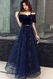Royal Blue Tulle V Neck Elegant Evening Dress Long Prom Dresses