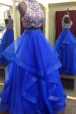 Royal Blue Two Piece Beaded Bodice Tulle Skirt Ball Gown Halter Sleeveless Prom Dresses RJS224