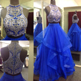 Royal Blue Two Piece Beaded Bodice Tulle Skirt Ball Gown Halter Sleeveless Prom Dresses RJS224 Rjerdress