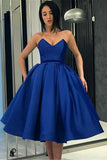 Royal Blue V Neck Satin Strapless Short Prom Dresses with Pockets Homecoming Dresses H1229 Rjerdress