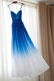 Royal Blue White Ombre V Neck Spaghetti Straps Long Bridesmaid Dress A Line Chiffon Prom Dresses