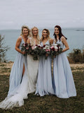 Rustic A Line Light Blue Long Chiffon Straps Bridesmaid Dresses with Slit Rjerdress