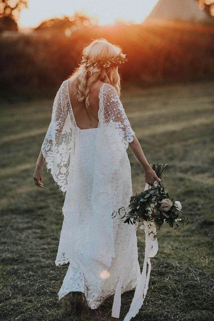 Rustic Batwing Sleeve Lace Ivory Wedding Dresses Sheath Boho Beach Wed –  Rjerdress